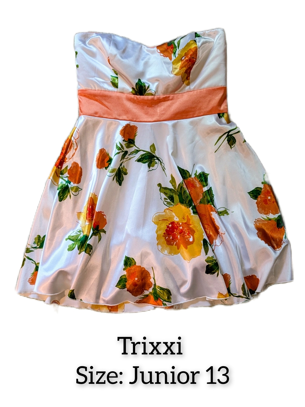 Trixxi White Satin Strapless Dress with Orange and Yellow Floral Print